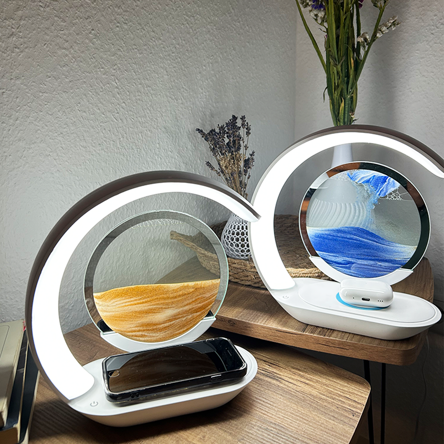 Fuvaya LED-Tischlampe - Innovative 3D-Sanduhr mit kabelloser Ladefunktion und LED-Nachtlicht